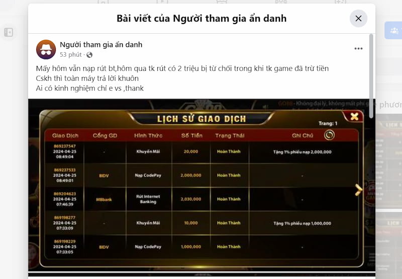 Tường thuật bài đăng rút tiền trên FB