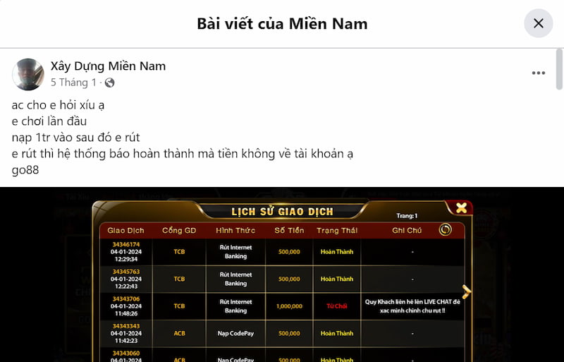 Tường thuật bài đăng rút tiền trên FB